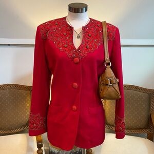 Vintage Nolan Miller Red Floral Embroidered Blazer Jacket 100% Wool Power Dress
